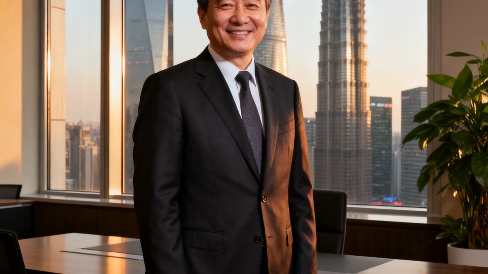 XPJ集团联合创始人兼CEO周明远，五十岁左右，穿着深色商务西装，在陆家嘴总部办公室窗前自信微笑