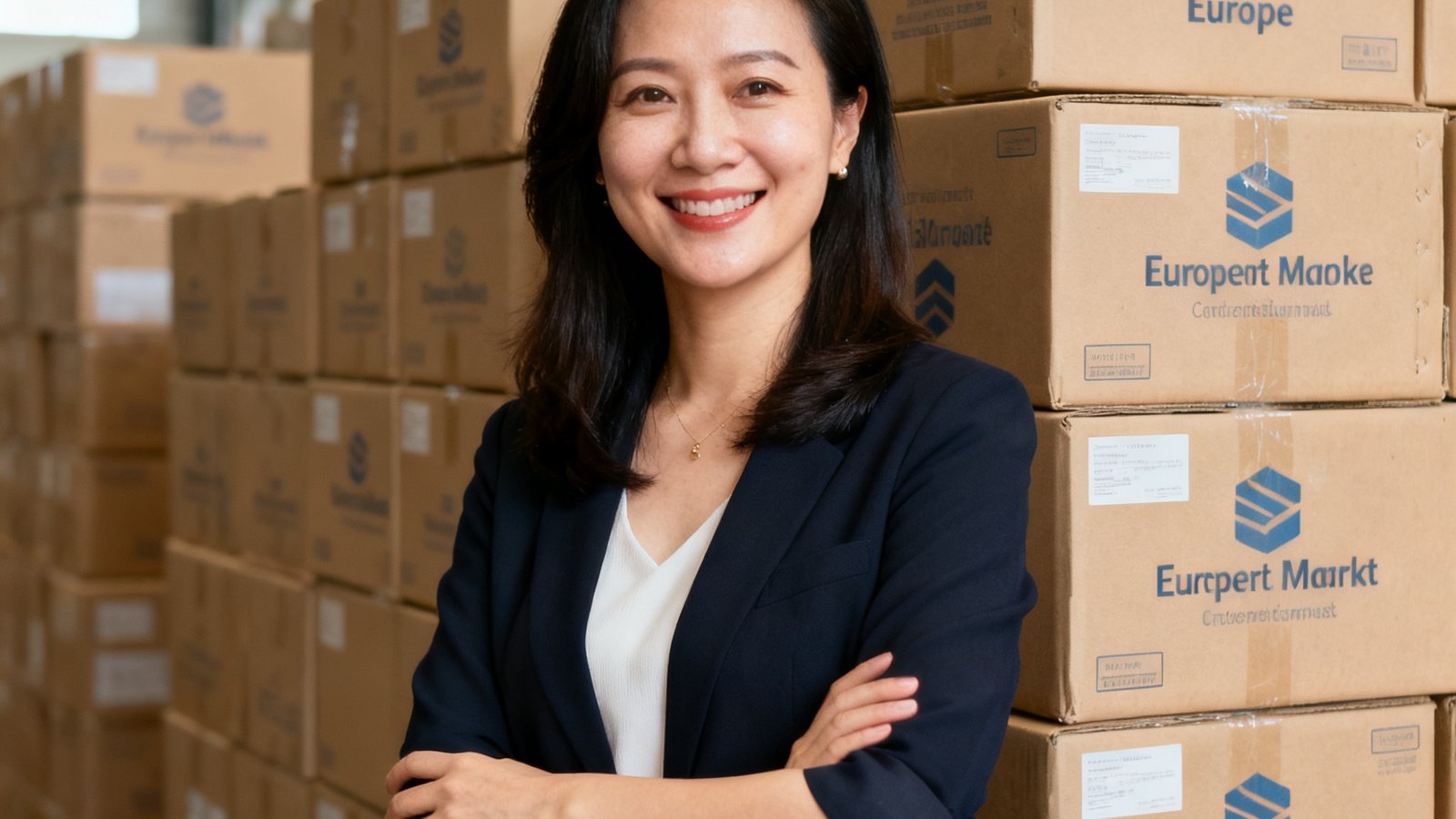 深圳跨境电商企业创始人李薇女士在公司仓库前微笑站立，身后是即将发往欧洲市场的成箱商品
